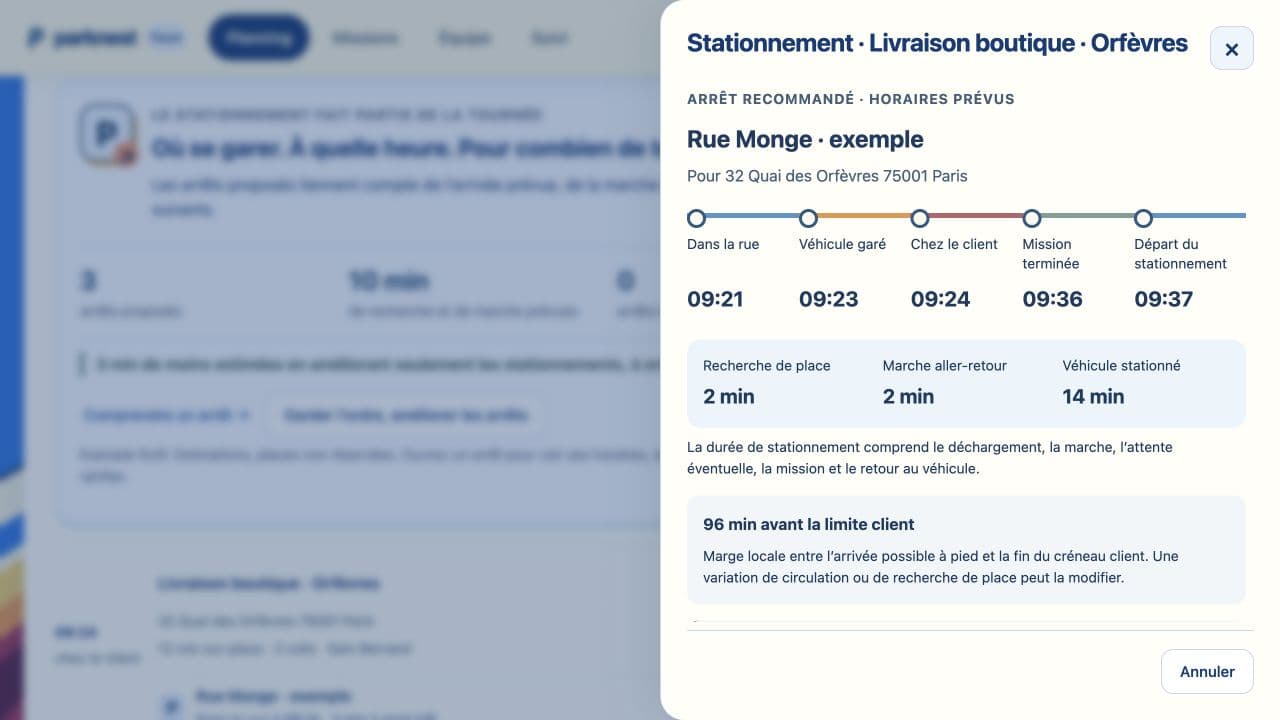 Interface Parknest Fleet : heure dans la rue, véhicule garé, arrivée chez le client, mission terminée et départ du stationnement.